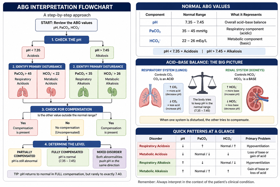 ABG interpretation chart showing pH, PaCO2, and bicarbonate relationships